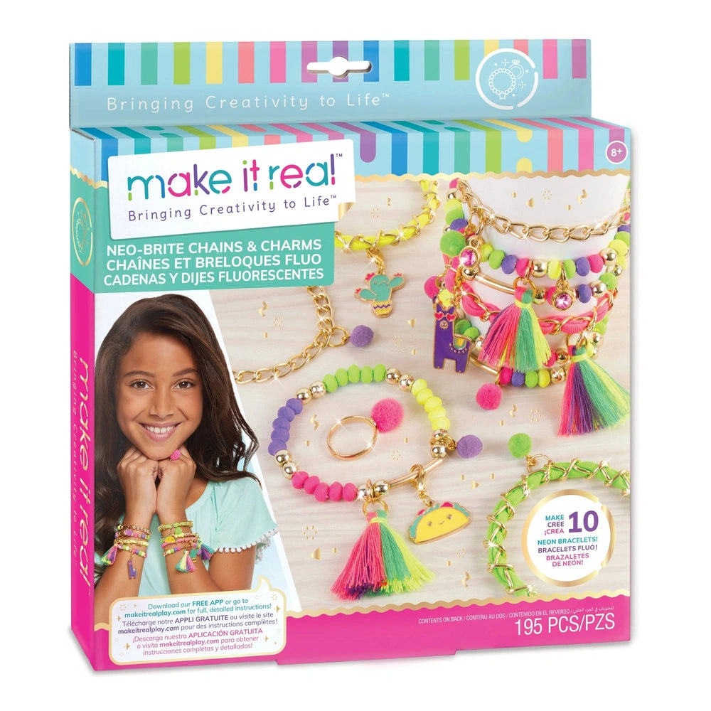 MAKE IT REAL Neo-Brite Chains and Charms retail packaging features glossy white background, colorful striped design, and visi