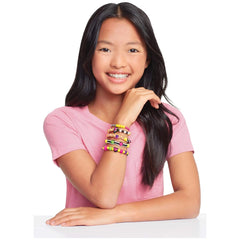 Neon Retro Bracelets adorn a smiling girl with long black hair, wearing a pink top and showcasing multi-colored accessories.