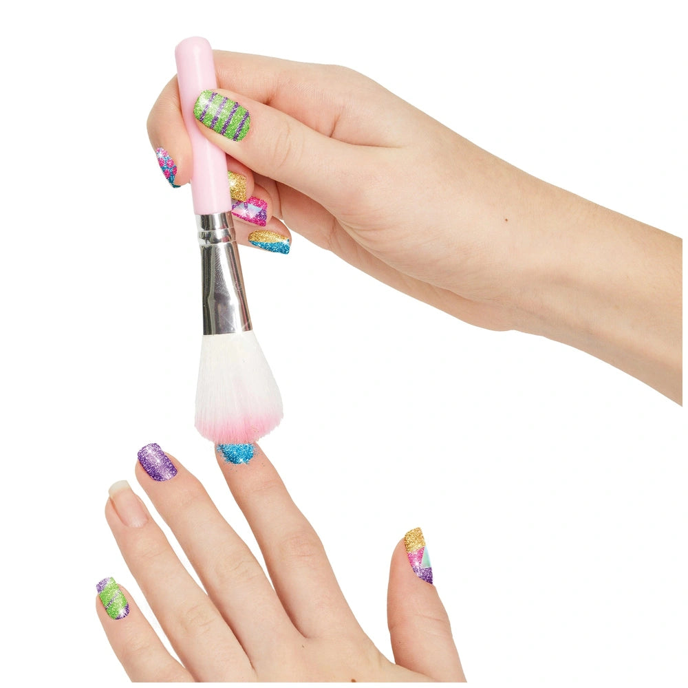 Party Nails Glitter Nail Studio features a hand with pink brush, white bristles, and glossy green, blue, and gold glittery na