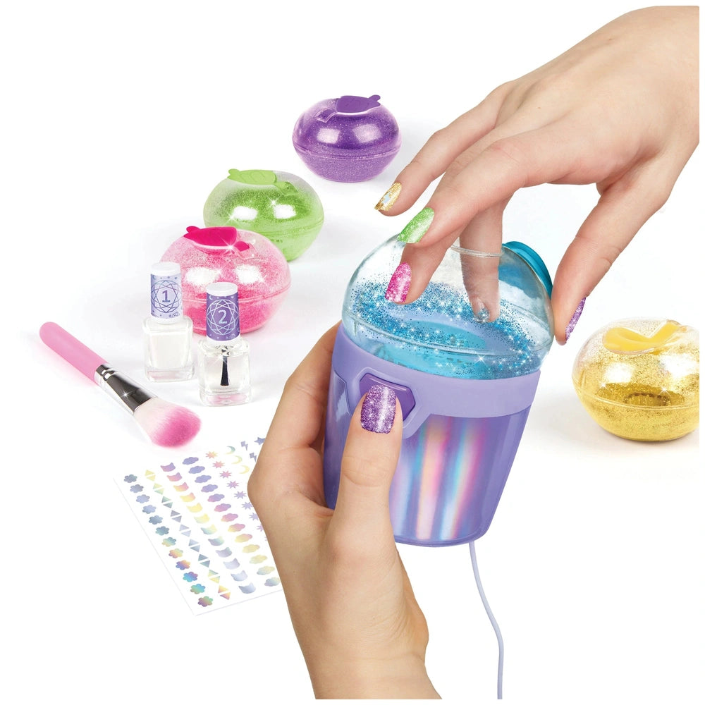 MAKE IT REAL Party Nails Glitter Nail Studio with colorful plastic bottles, small pink brush, and gold containers on a white 