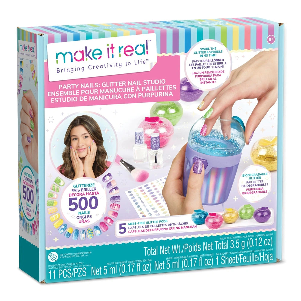 MAKE IT REAL Party Nails Glitter Nail Studio packaging features glossy material, colorful text, and clear nail polish bottles
