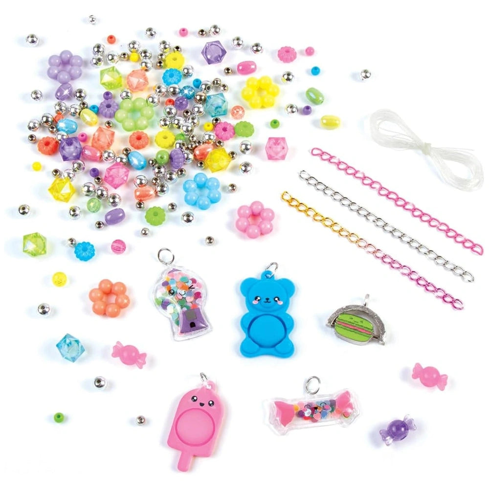 MAKE IT REAL Pop Shake Twist Bracelet Set includes colorful plastic beads, flowers, and various keychains for creative crafti