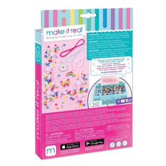 Rainbow Treasure Bracelets packaging features glossy pink material with colorful text highlighting included items and creativ