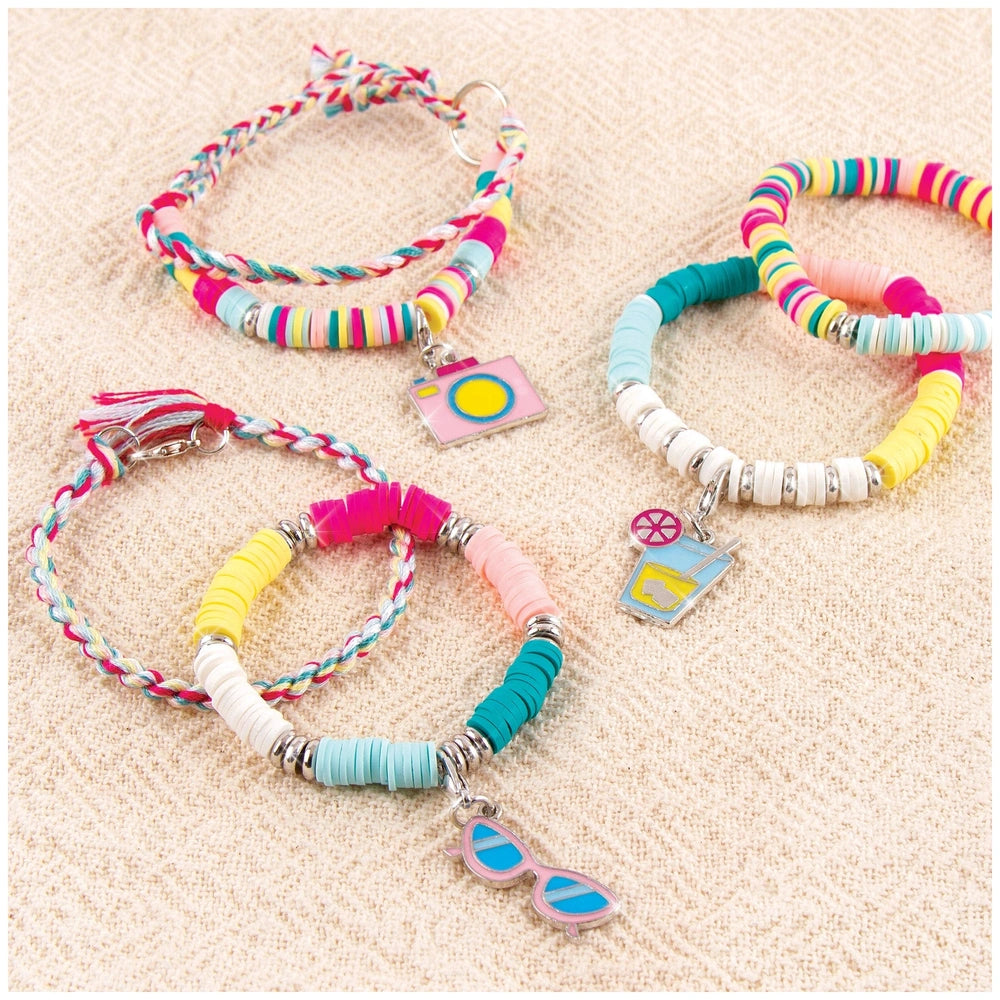 Summer Vibes Heishi Bead Set featuring colorful plastic beads, metal clasps, and a braided fabric design for arts and crafts.