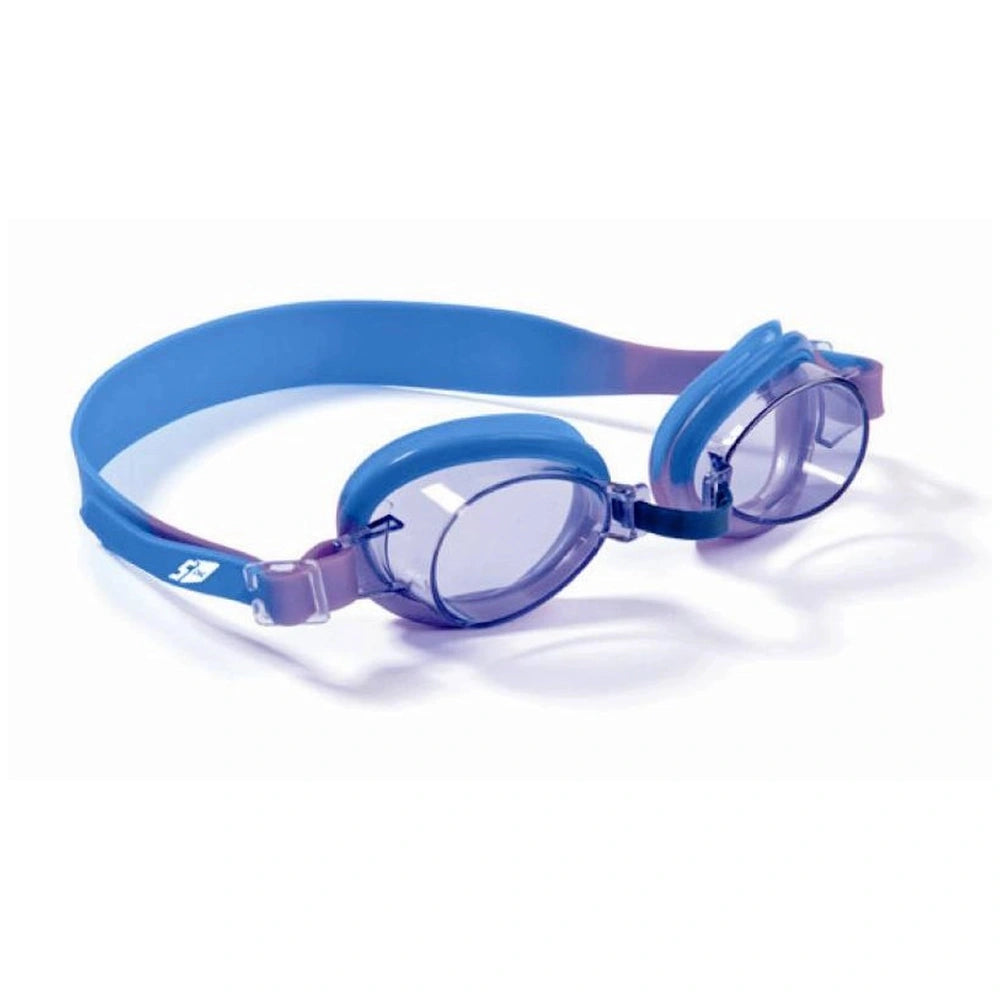 Mandelli Barracuda swimming glasses with a blue strap and clear lenses in a centered front view.