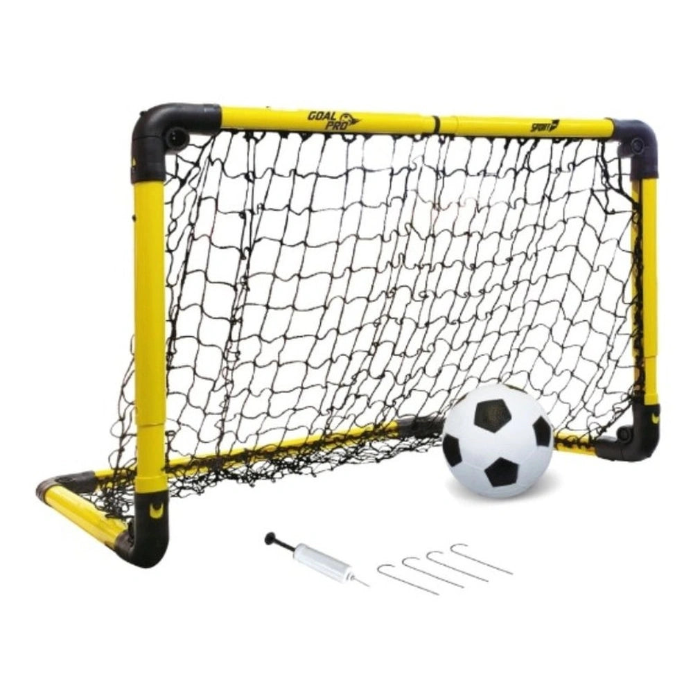 Mandelli folding football holder with yellow netting, black frame, white ball, and metal pole, featuring "Goal" text.