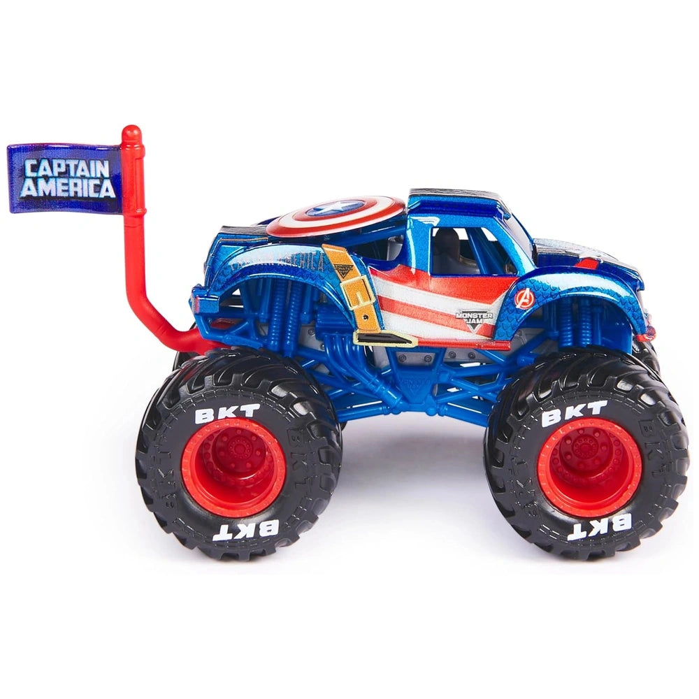Captain America-themed Monster Jam truck toy features a blue body with red and white accents, large black wheels, and an Aven