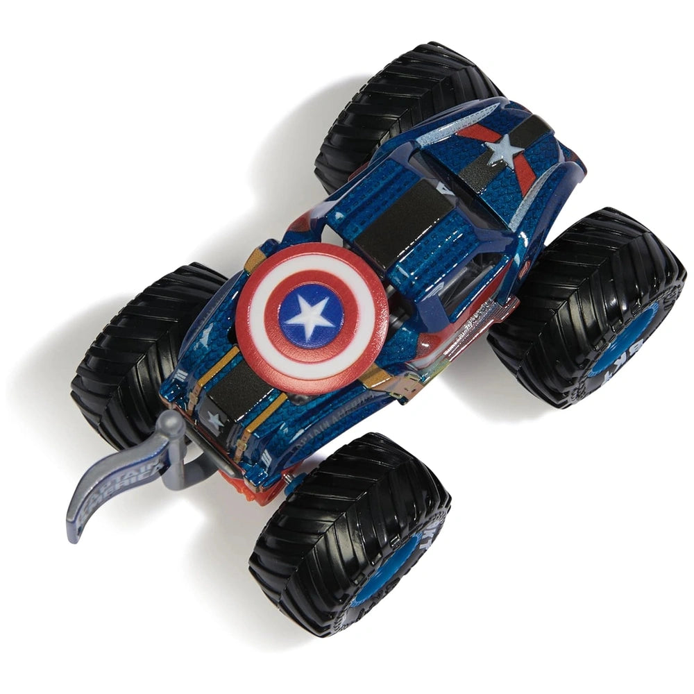 Marvel Monster Jam Truck features a glossy blue body with a Captain America shield design on a white background.