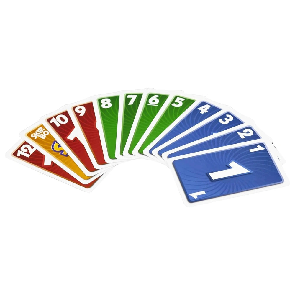 Skip-Bo Ultimate Sequencing Card Game featuring 12 colorful cards arranged in a circular pattern with numbers 1 to 12.