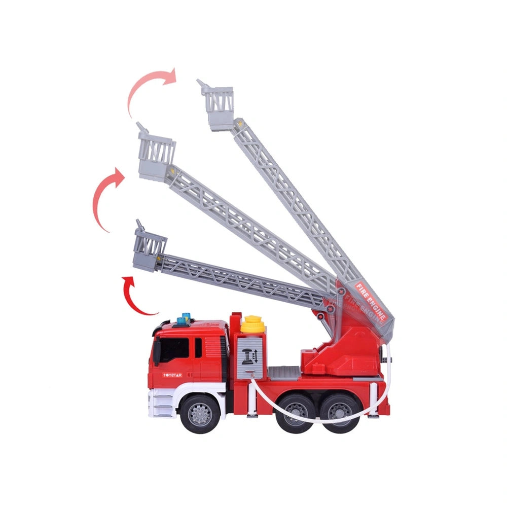 Metropoli fire engine toy features a red vehicle with an extended crane and bucket, designed for imaginative city adventures.