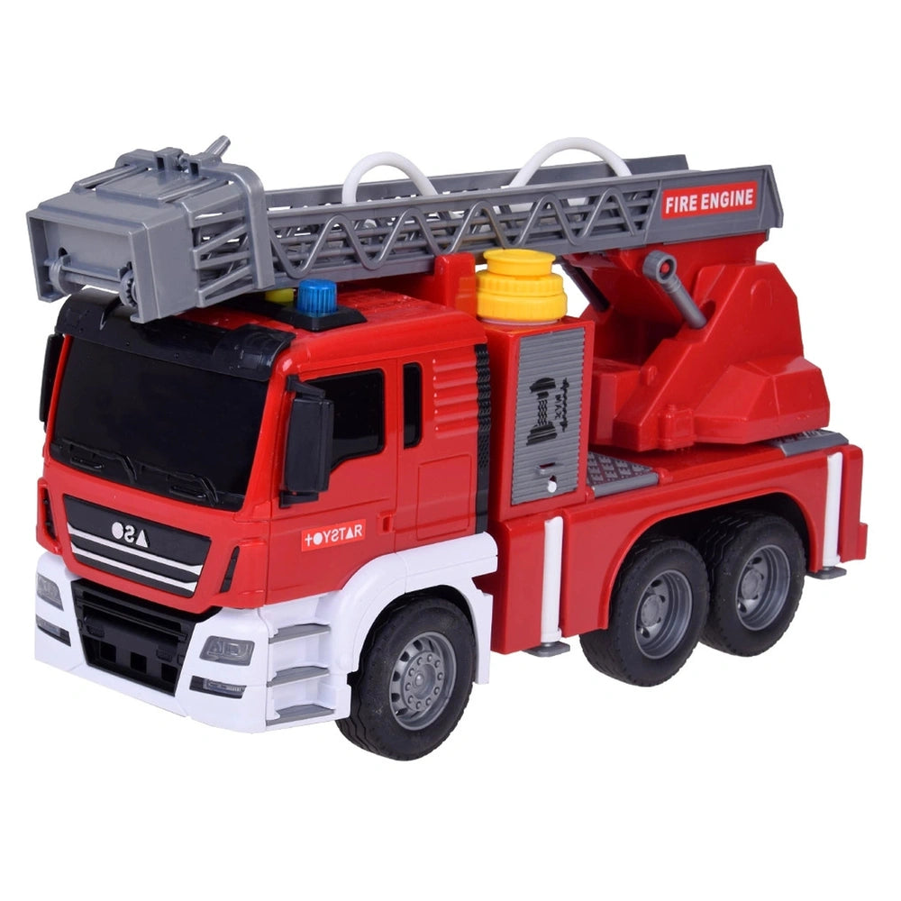Red plastic toy fire engine with a ladder, hose reel, water cannon, and "FIRE ENGINE" text in red letters.