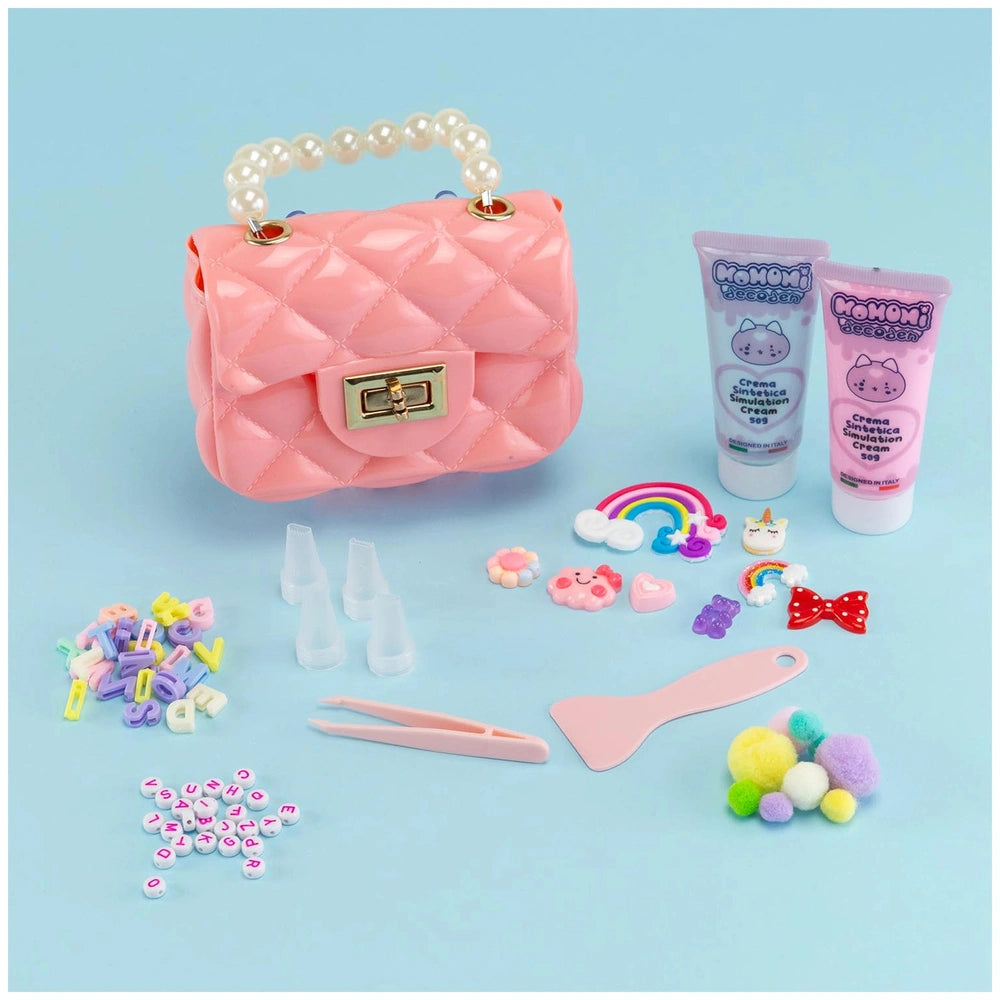 Momomi Decoden Kawaii Artist Creamy Bag made of textured fabric, featuring metallic zipper and multiple clasps.