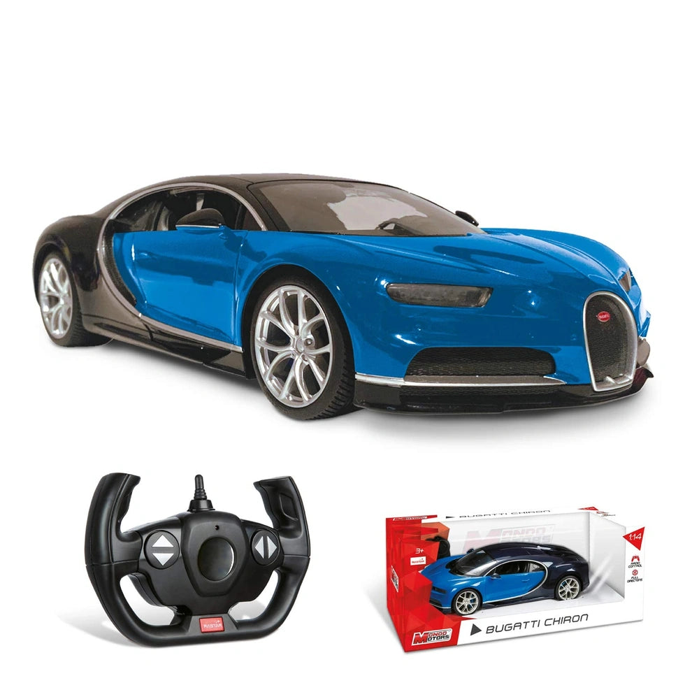 Bugatti Chiron radio-controlled car in glossy blue with silver wheels, black steering wheel, and red and white packaging.