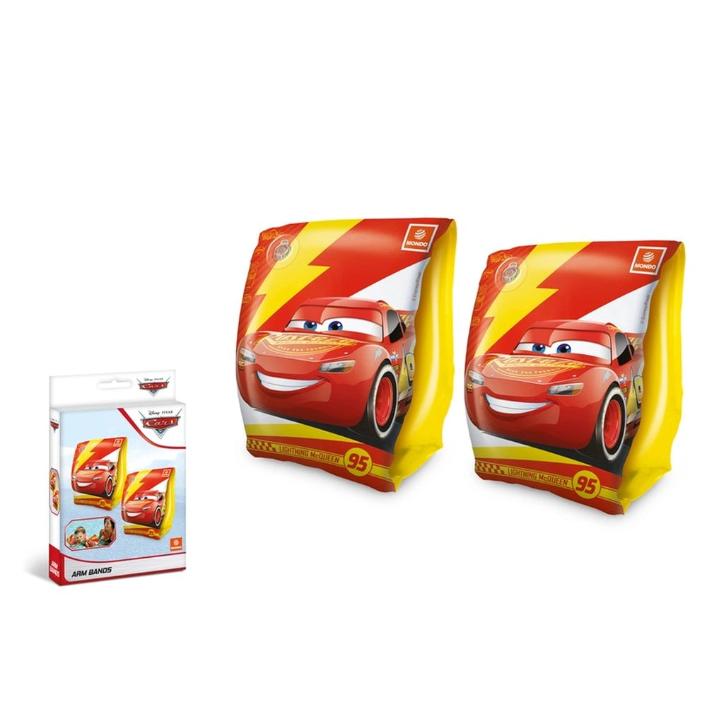 Mondo Disney Cars arm bands for ages 2-6, featuring red and yellow toy cars, packaged in glossy red with white text.