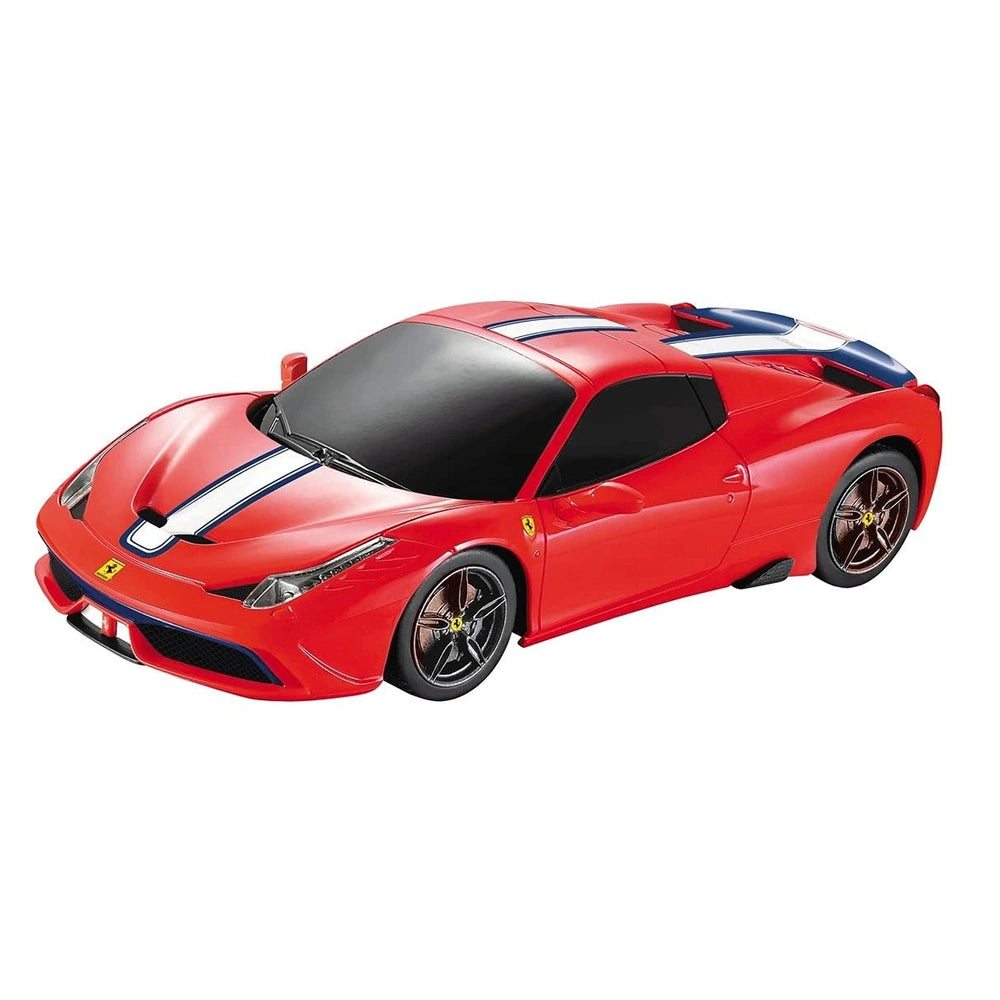 Mondo Ferrari 458 Speciale radio-controlled car in glossy red with white and blue stripes, featuring shiny wheels and lights.