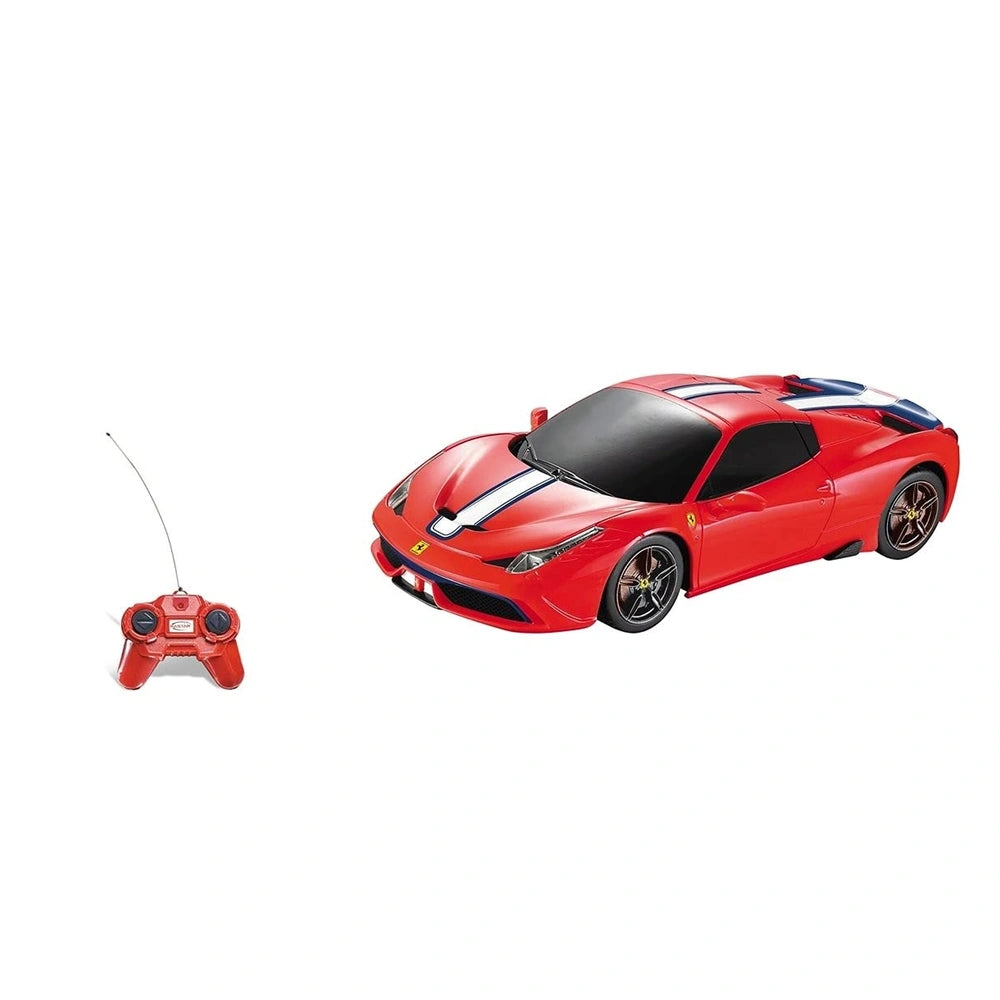 Mondo Ferrari 458 Speciale radio-controlled car features a red body with white stripe, black roof, and detailed wheels.