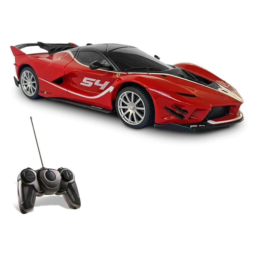 Ferrari FXX K EVO radio-controlled car in red with white and black accents, glossy finish, and convertible top featuring numb