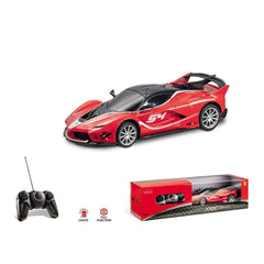 Ferrari FXX K EVO radio-controlled car in red and black plastic, featuring lights and opening doors, front view.