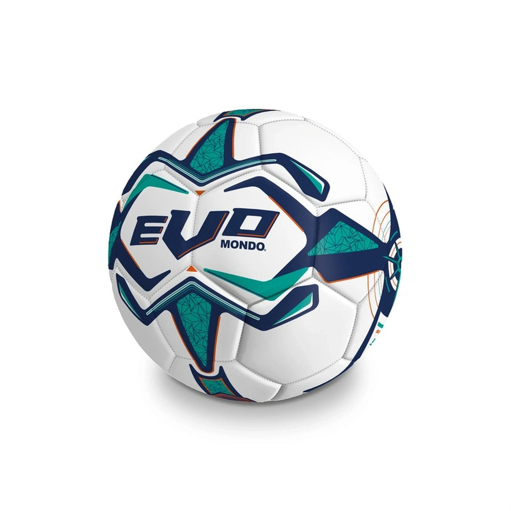 Mondo soccer ball with matte white surface, blue and green accents, and glossy "EVD MONDO" branding.