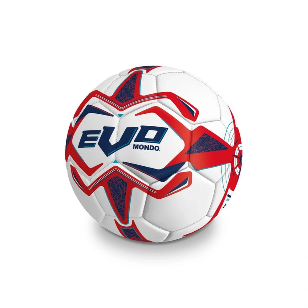 Mondo football features a white synthetic leather surface with red and blue triangular and arc patterns, standard pentagonal 