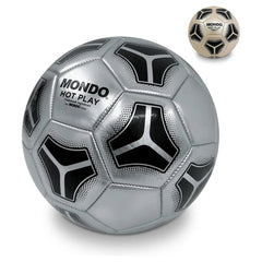 Mondo Football Hot Play 23 cm features a silver synthetic leather surface with black and white patterns and central logo.