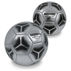 Mondo football features a metallic silver surface with black and white triangular patterns, displaying "MONDO HOT PLAY" promi