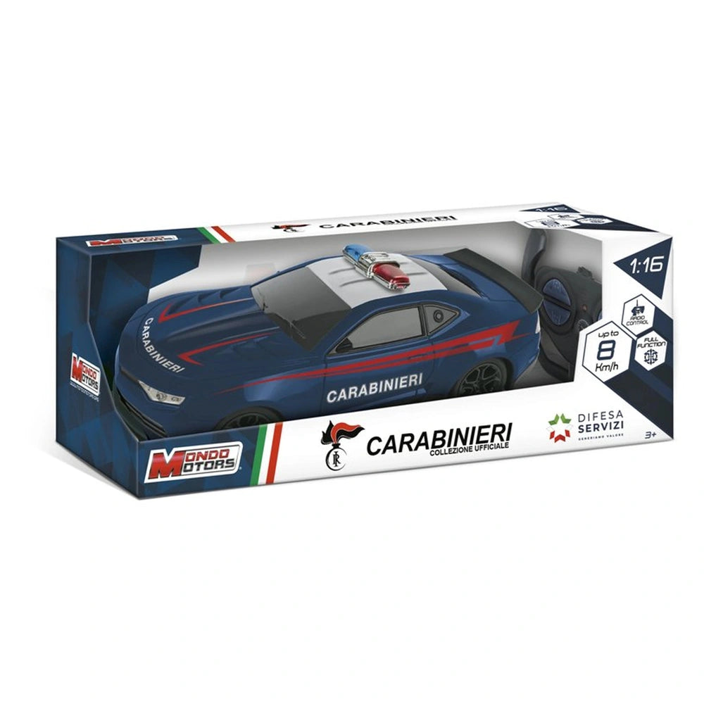 Mondo Motors RC Carabinieri remote control car in blue and red packaging with glossy finish and transparent window.