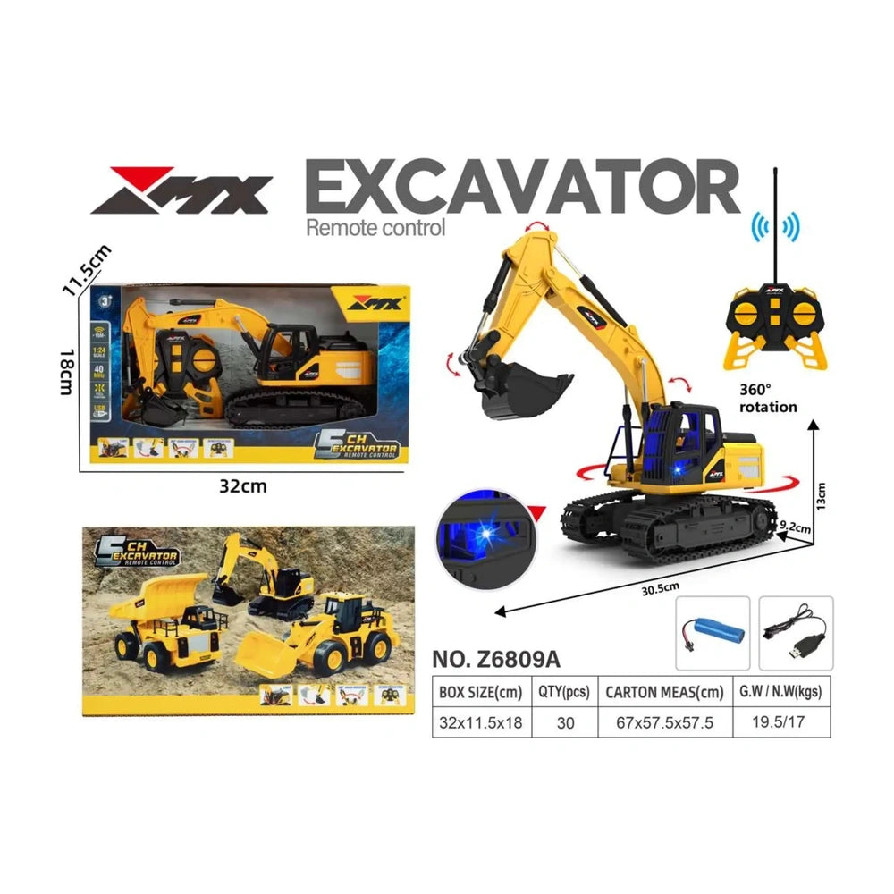 Mondo Motors RC MX Excavator 1:24 in glossy yellow packaging with black text and transparent window showcasing the toy.