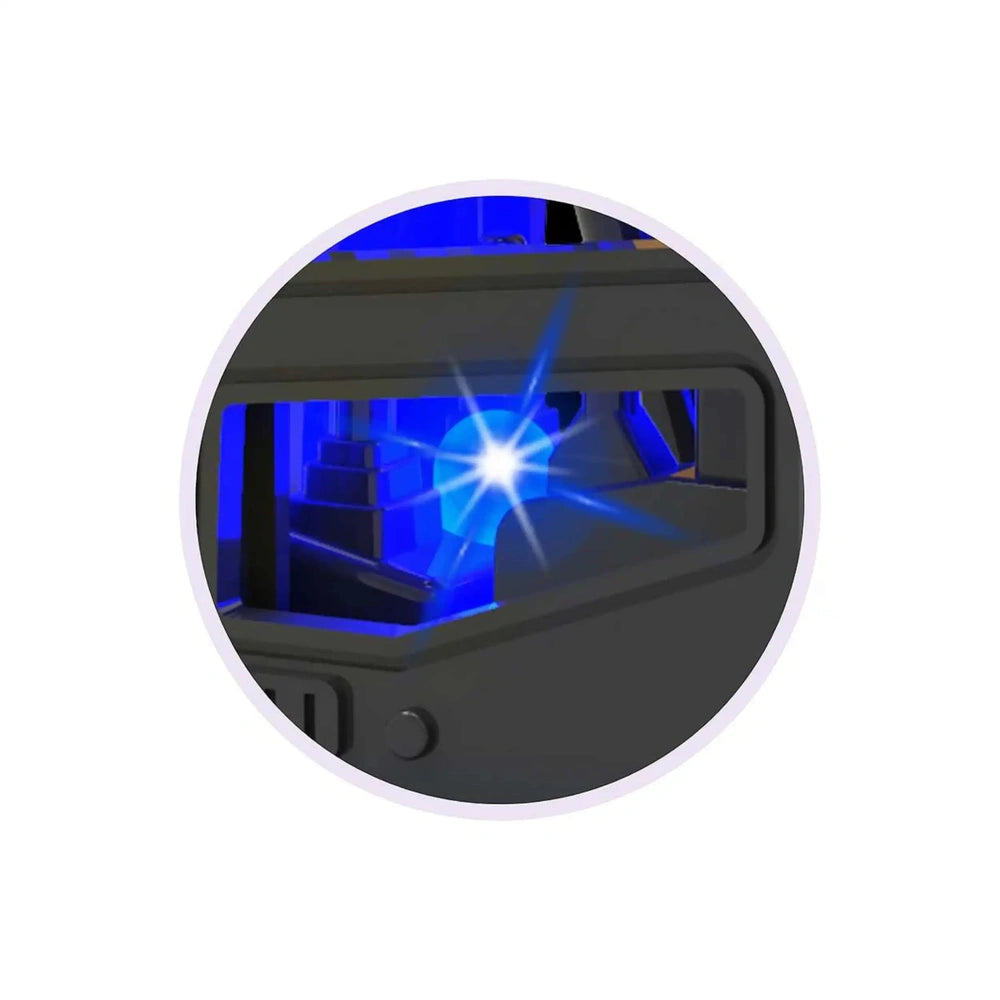 RC MX Constructions Excavator with matte finish, featuring a central blue light on a black background.