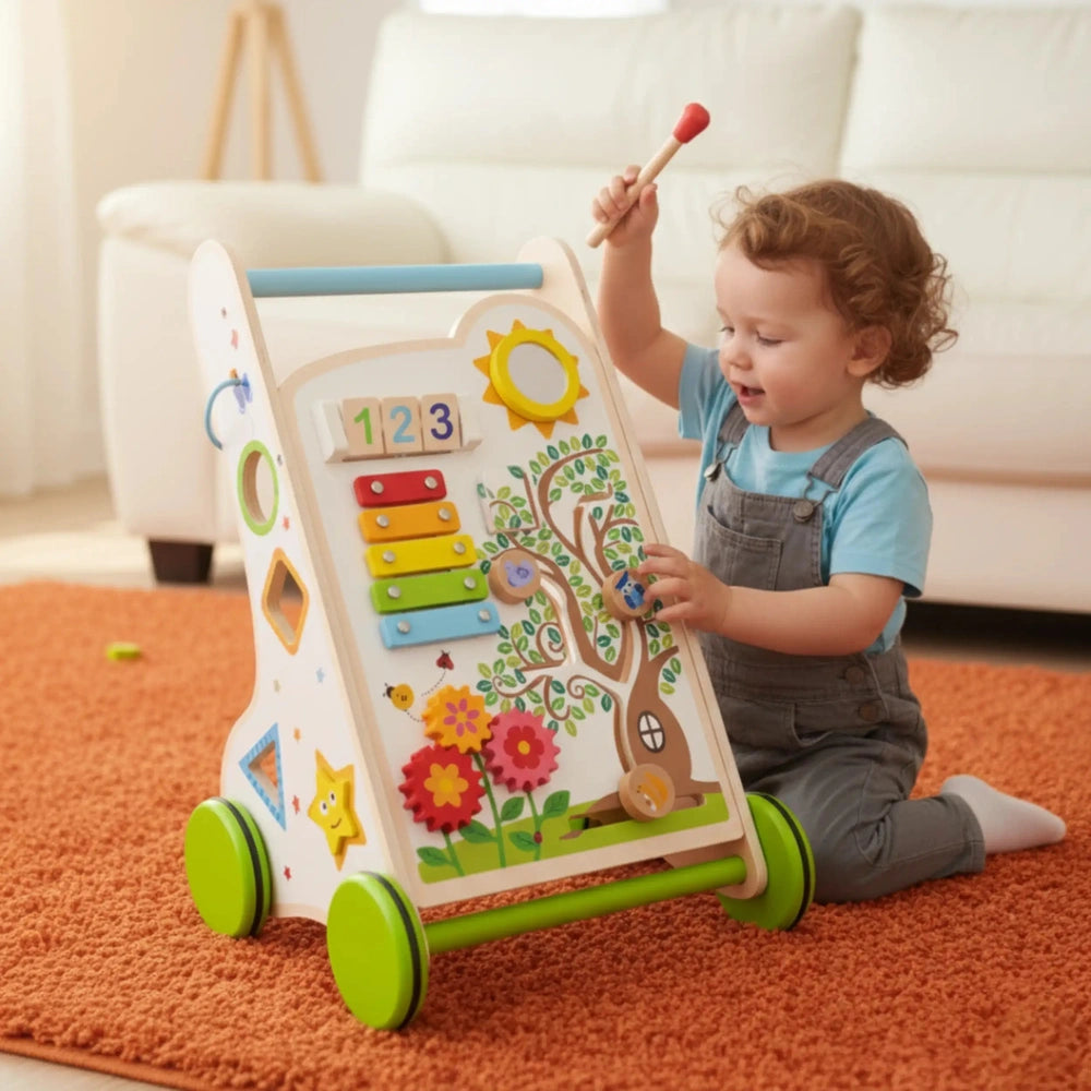 New Classic Toys Activity Walker with colorful design, green wheels, and child playing on a light orange carpet.