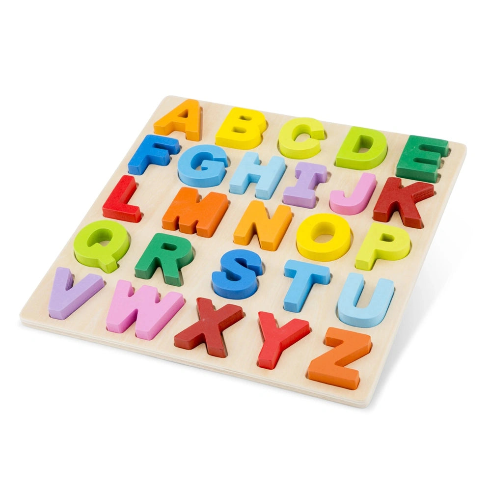 Alphabet puzzle featuring colorful plastic letters arranged on a wooden surface in a grid pattern for educational play.