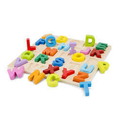 New Classic Toys Alphabet Puzzle features a wooden board with 20 colorful uppercase plastic letters arranged centrally.