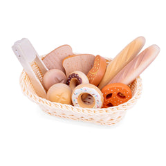 New Classic Toys Bread Basket with woven material, featuring light brown bread slices, a doughnut, and wooden-handled utensil