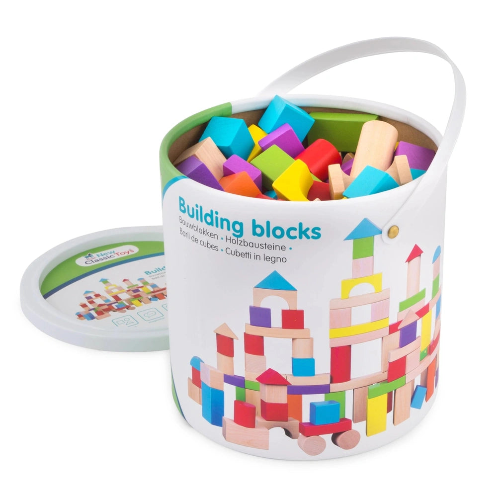 New Classic Toys building blocks in a white plastic drum with a green lid, filled with colorful cubes for sorting and stackin