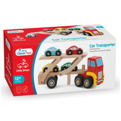 New Classic Toys car transporter with four colorful vehicles in a red cardboard packaging featuring blue and white text.