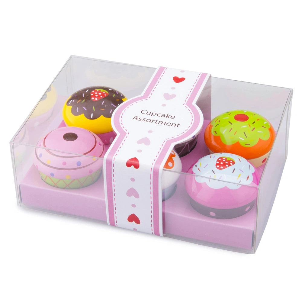 Cupcake assortment in glossy gift box with clear window, featuring four colorful cupcakes and a heart ribbon.