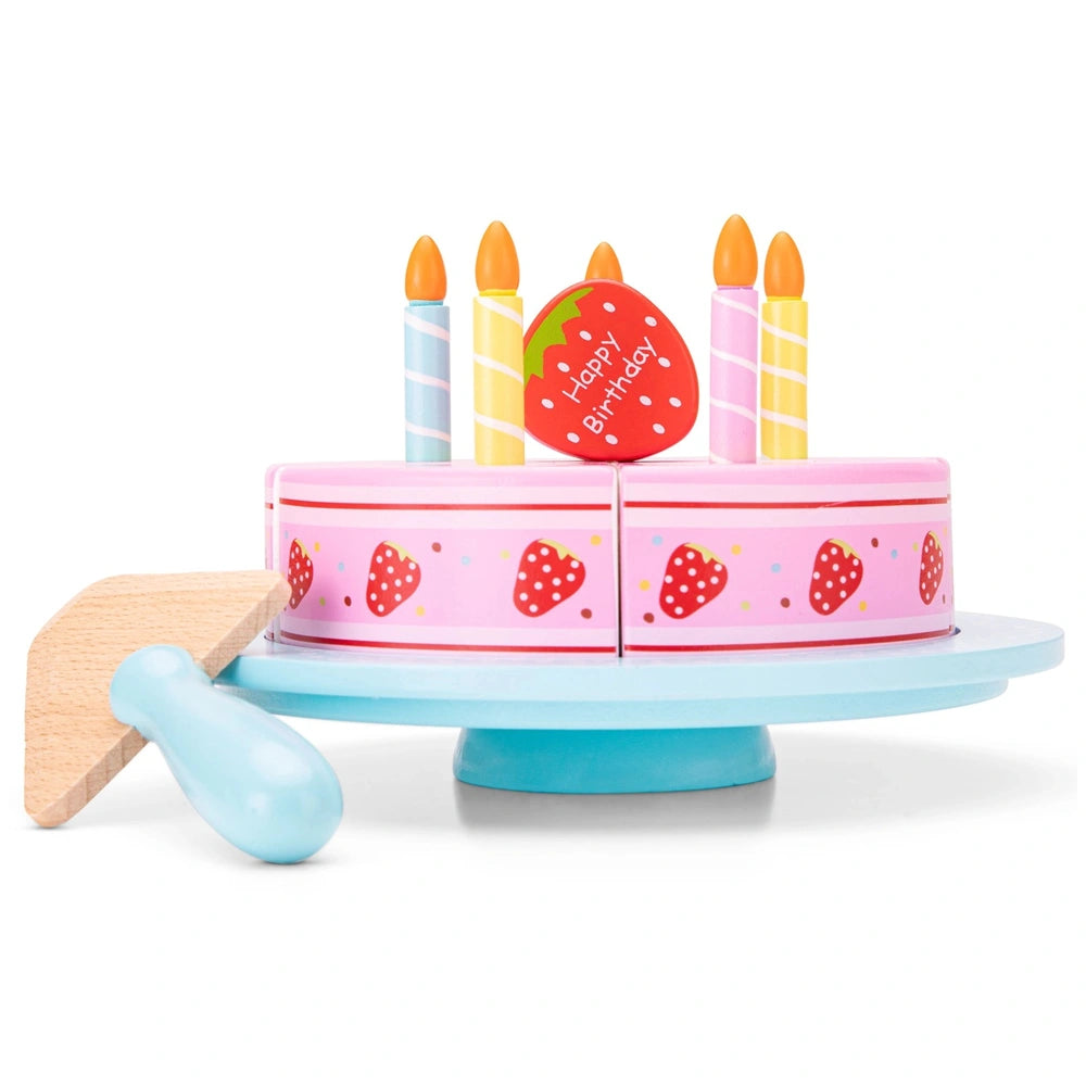 New Classic Toys Cutting Cake features a colorful plastic cake adorned with multiple plastic candles for pretend play.