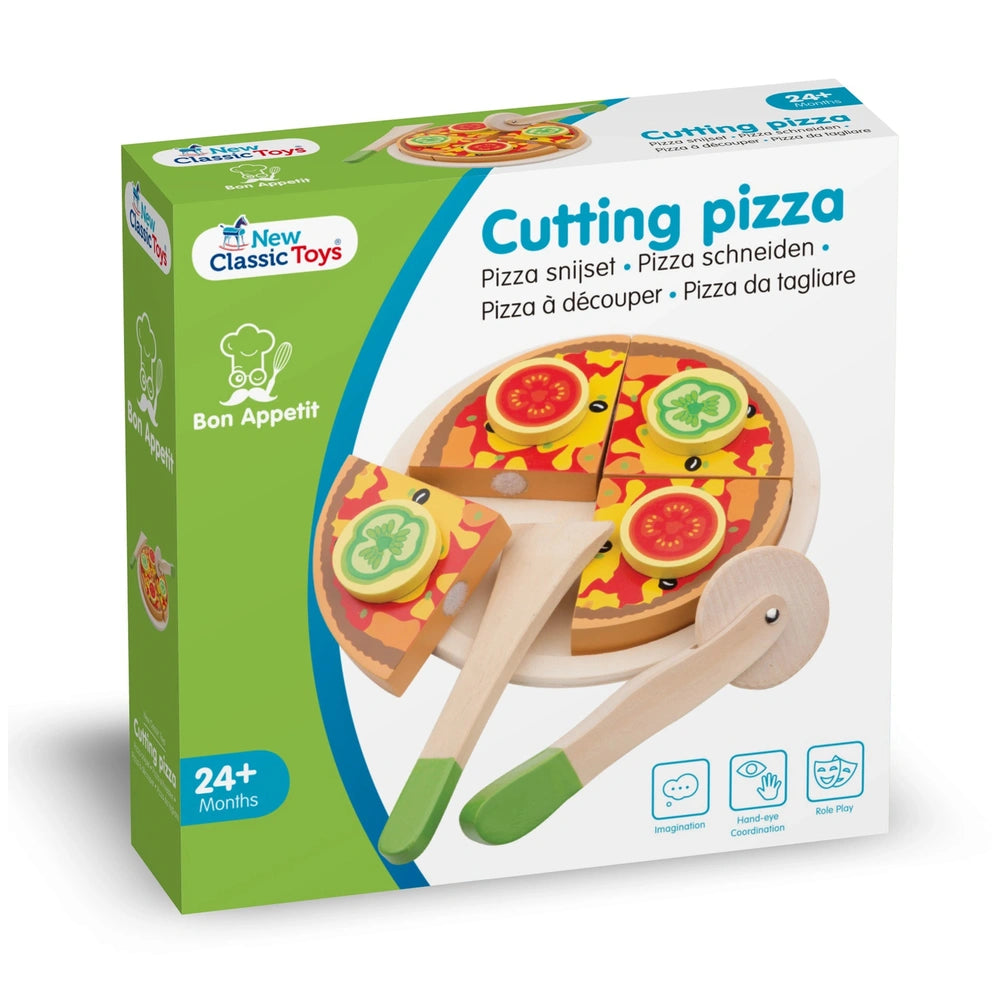 Cuttingset Pizza Vegetable set featuring three pizza slices, wooden cutters, and a spatula in a green cardboard package.