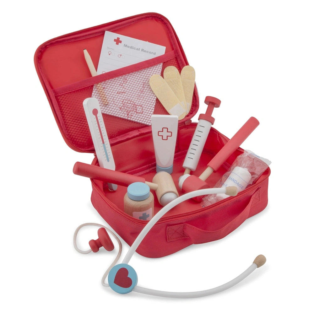 New Classic Toys Doctor Set features a red fabric case with various medical tools in white and red plastic, including a therm