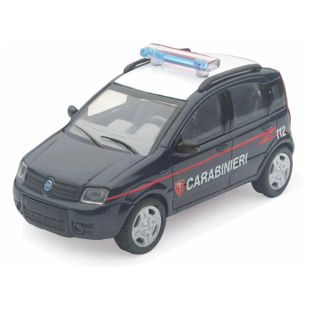 Carabinieri die-cast model car in black with a glossy finish, transparent roof rack, and red stripe featuring white text.