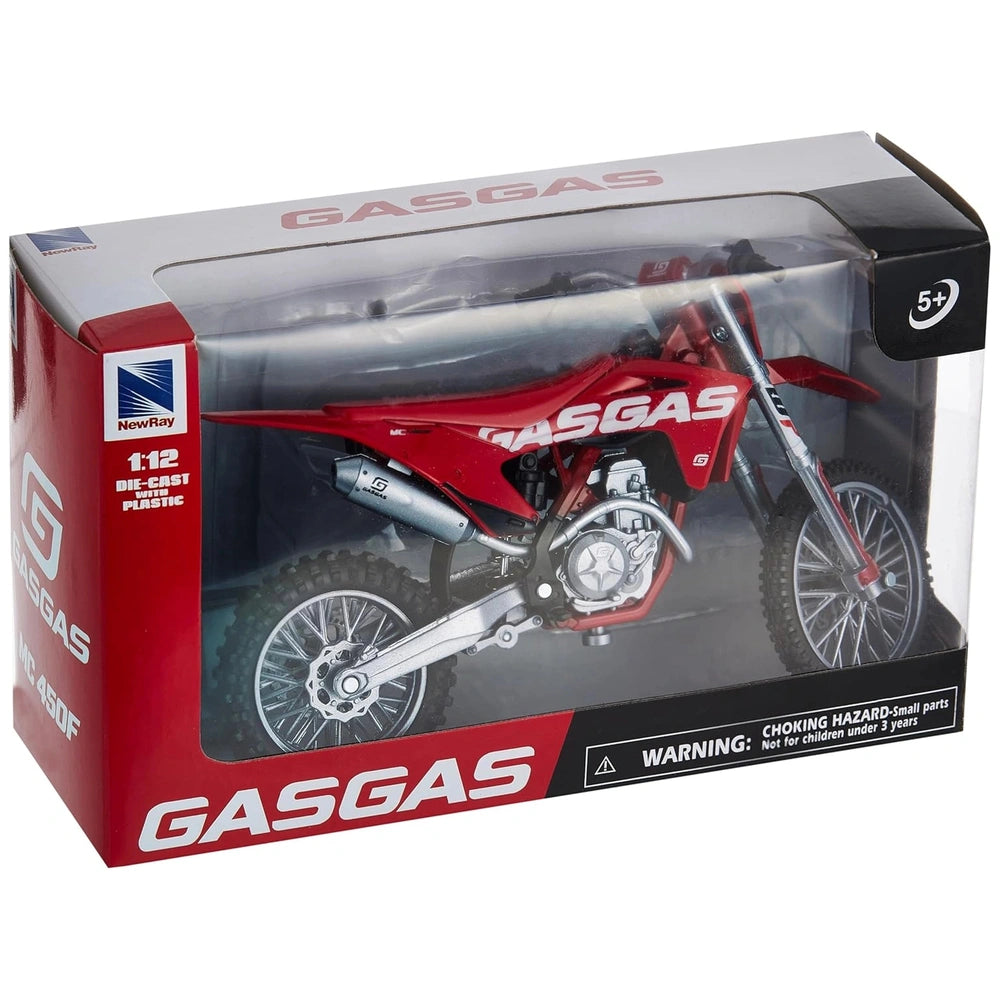 Gasgas Mc 450F dirt bike 1:12 die cast model in red packaging with transparent window, featuring warning labels and brand nam