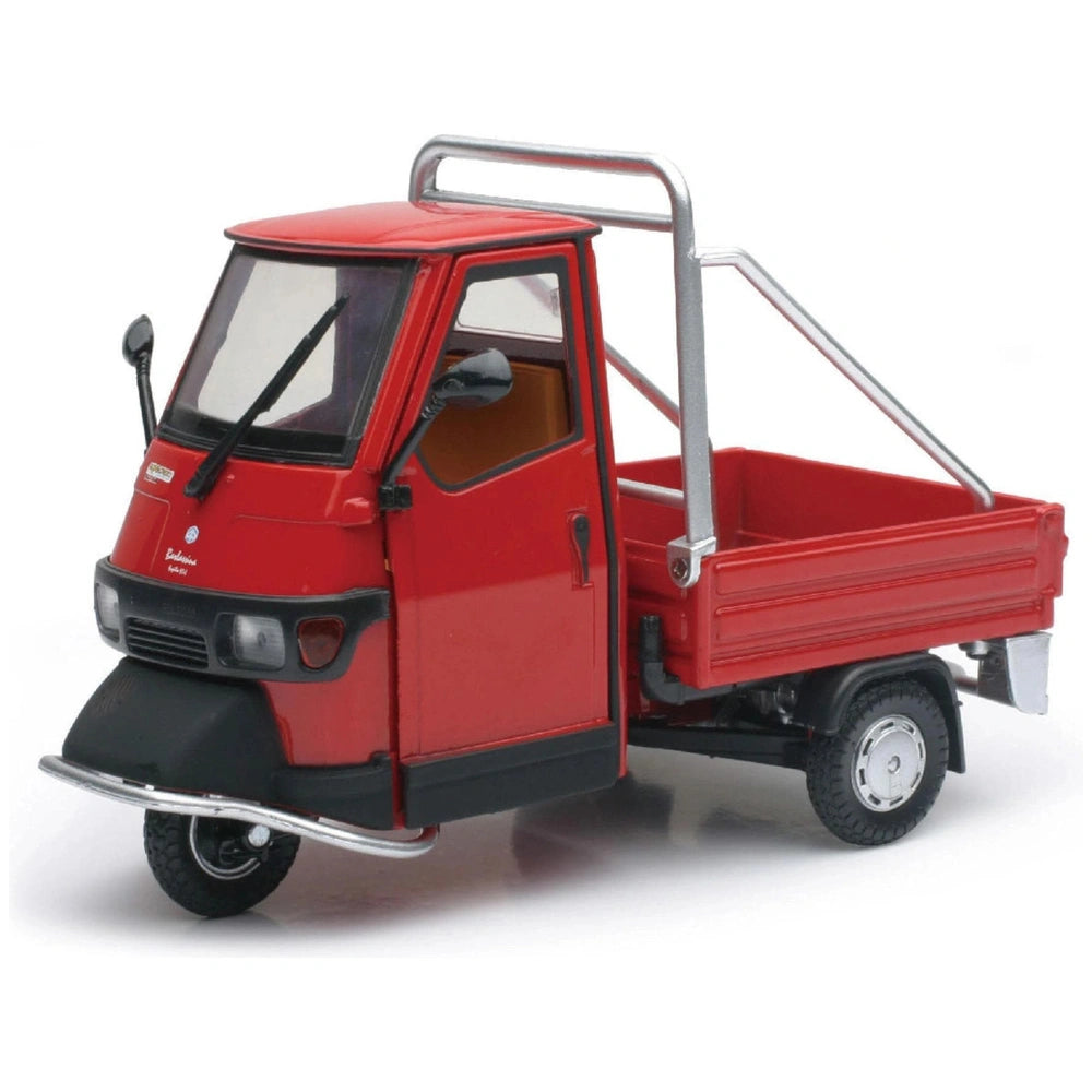 Piaggio Ape 50 Cross Country die-cast model in red with black bumpers, silver accents, and orange interior, featuring detaile