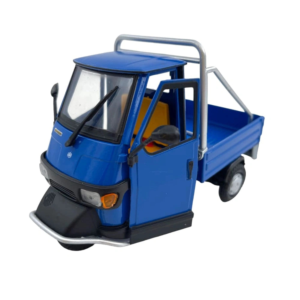 Piaggio Ape 50 Cross Country 1:18 die cast vehicle with blue body, yellow interior, and black rubber tires.