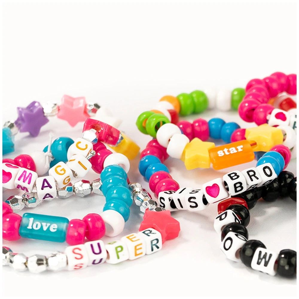 Fluorescent plastic beads in various colors like blue, pink, green, and yellow, arranged in a close-up layout.