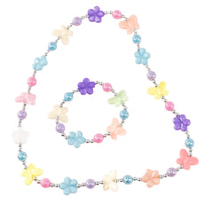 Butterflies necklace and bracelet set featuring a metal chain, glass beads, and plastic flowers in vibrant colors.
