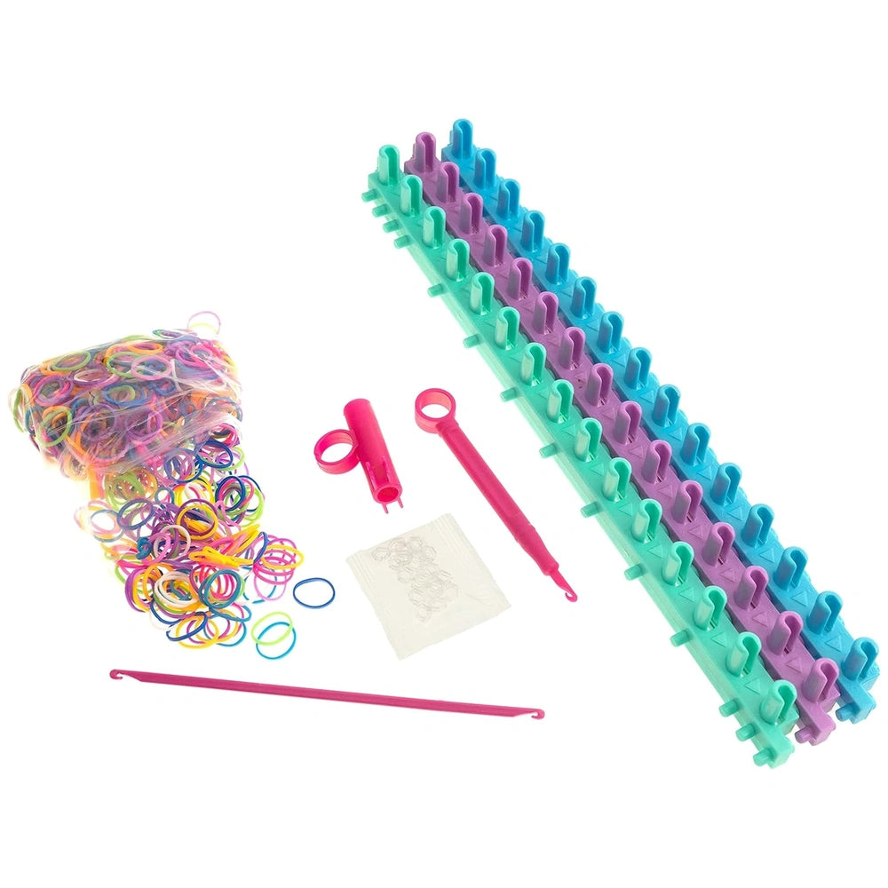Creative Elasticolor craft kit featuring colorful beads, pink scissors, green pegs, and a transparent container.