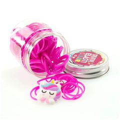 Elasticolor multicolor bands pack in clear jar with silver lid, containing pink elastic string and white plastic keychain.