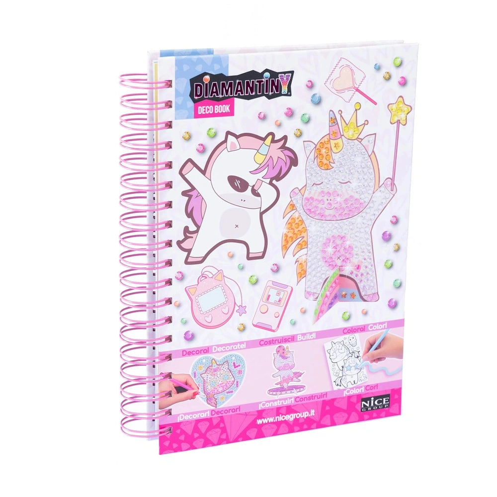 NICE Diamantiny Coloring Book packaging features a unicorn and cartoon character with pink hair on a matte cardboard backgrou