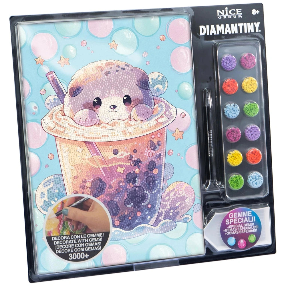 NICE Diamantiny Level Up Coloring packaging features a cute cartoon animal in an ice cream cup against a pastel blue backgrou