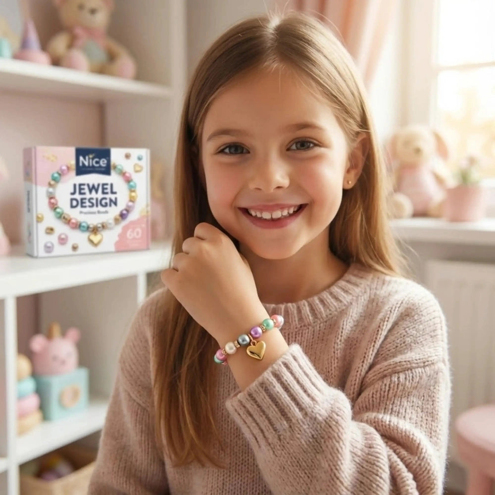 Girl wearing a beige sweater smiles while holding a colorful bracelet made from Nice - Jewel Design 600 Precious Beads.